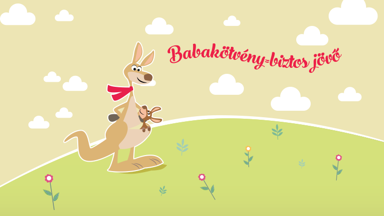 A képen a Babakötvény kulcsfigurája, egy illusztrált kenguru látható erszényében kis csemetéjével.